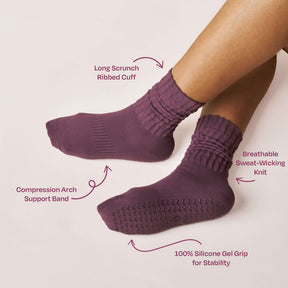 Pilates Scrunch Grip Socks - Magenta with long scrunch ribbed cuff and silicone gel grip for stability.