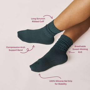 Scrunch Grip Socks - Teal featuring long scrunch ribbed cuff, compression arch support, and silicone gel grip for stability.